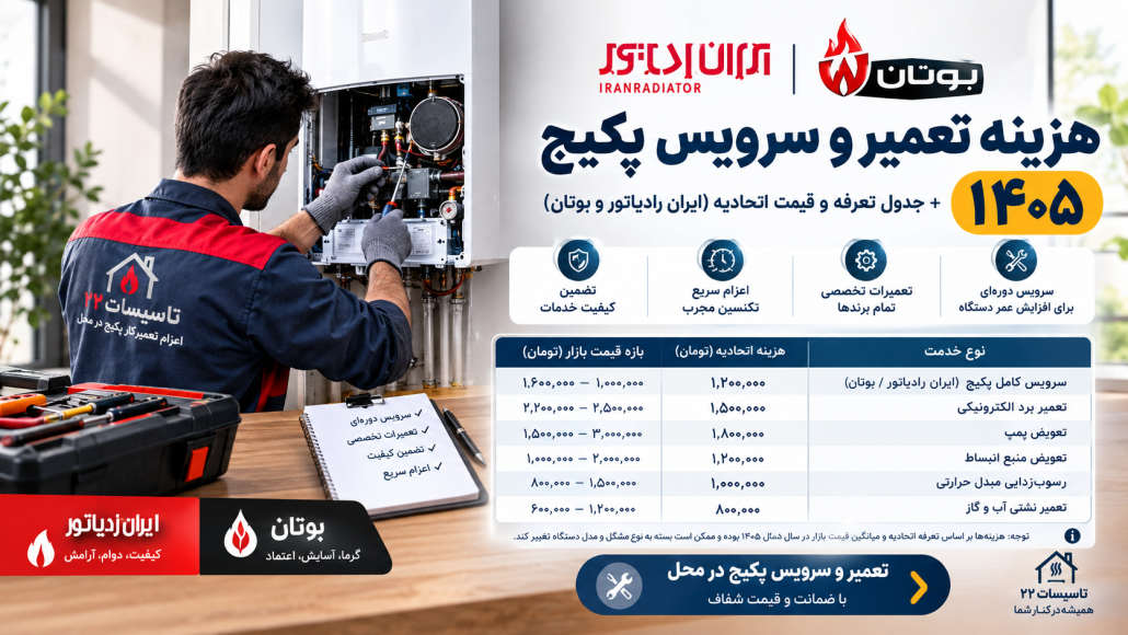 هزینه تعمیر و سرویس پکیج ۱۴۰۵ + جدول تعرفه و قیمت اتحادیه (ایران رادیاتور و بوتان)